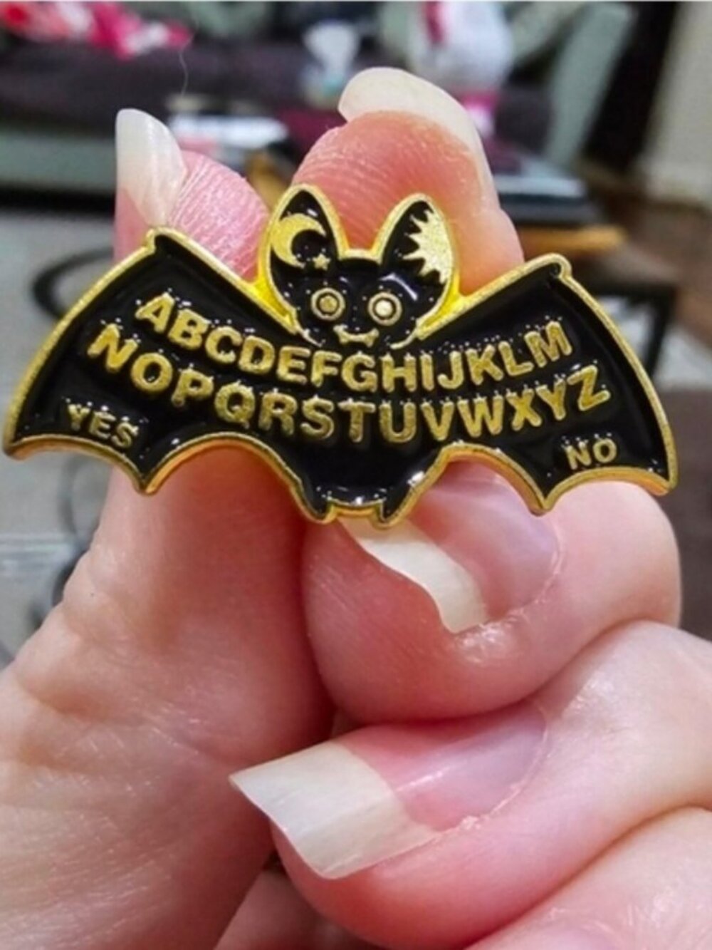 A Gothic Universe Ouija Bat Enamel Pin Gold Black Planchette Lapel Badge NWT
